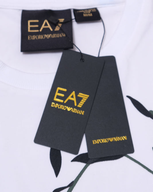 EA7 EMPORIO ARMANI Whispering White Botanical Print Slim Fit Short Sleeve Tee
