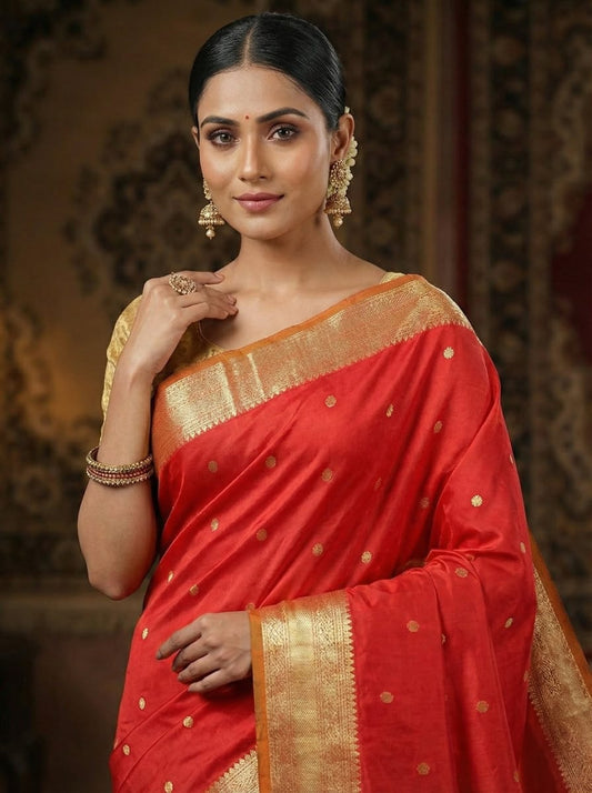 Elegant Weaves Classic Red Silk Saree with Golden Zari Border