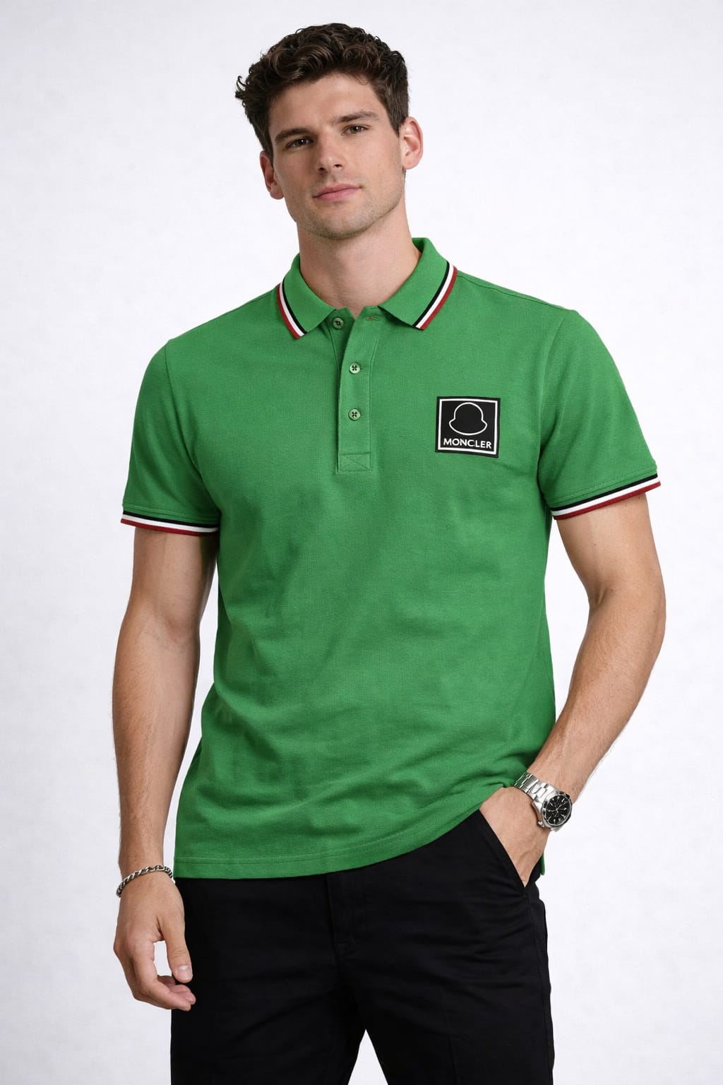MONCLER Celestial Jade Tailored Fit Short Sleeve Piqué Polo Shirt