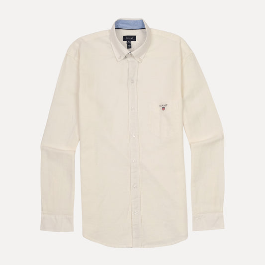 GANT Ethereal Cream Tailored Fit Long Sleeve Linen-Blend Shirt
