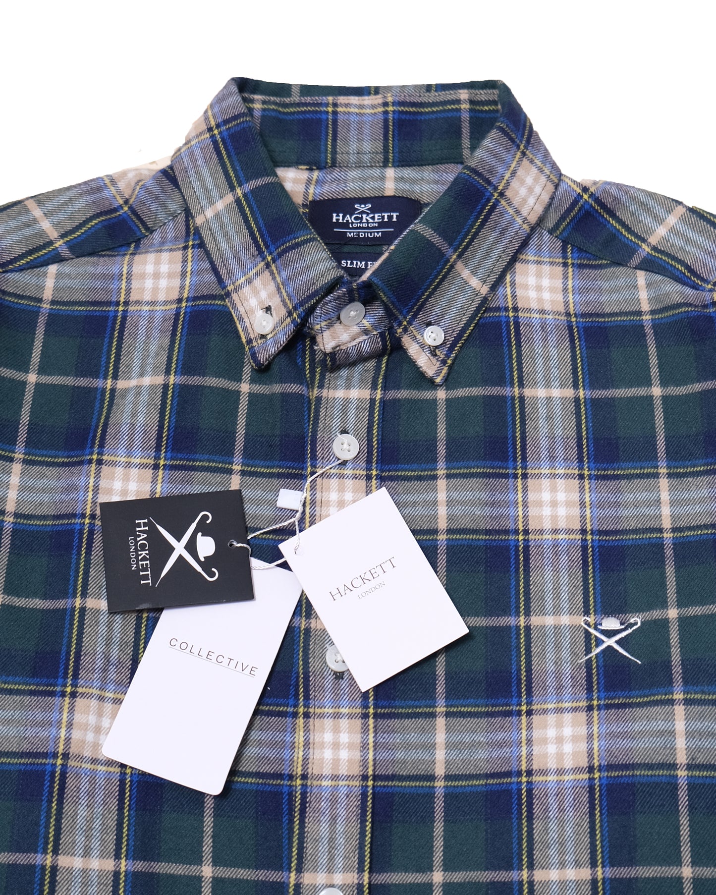 HACKETT LONDON Navy Green Slim Fit Tartan Check Button-Down Shirt