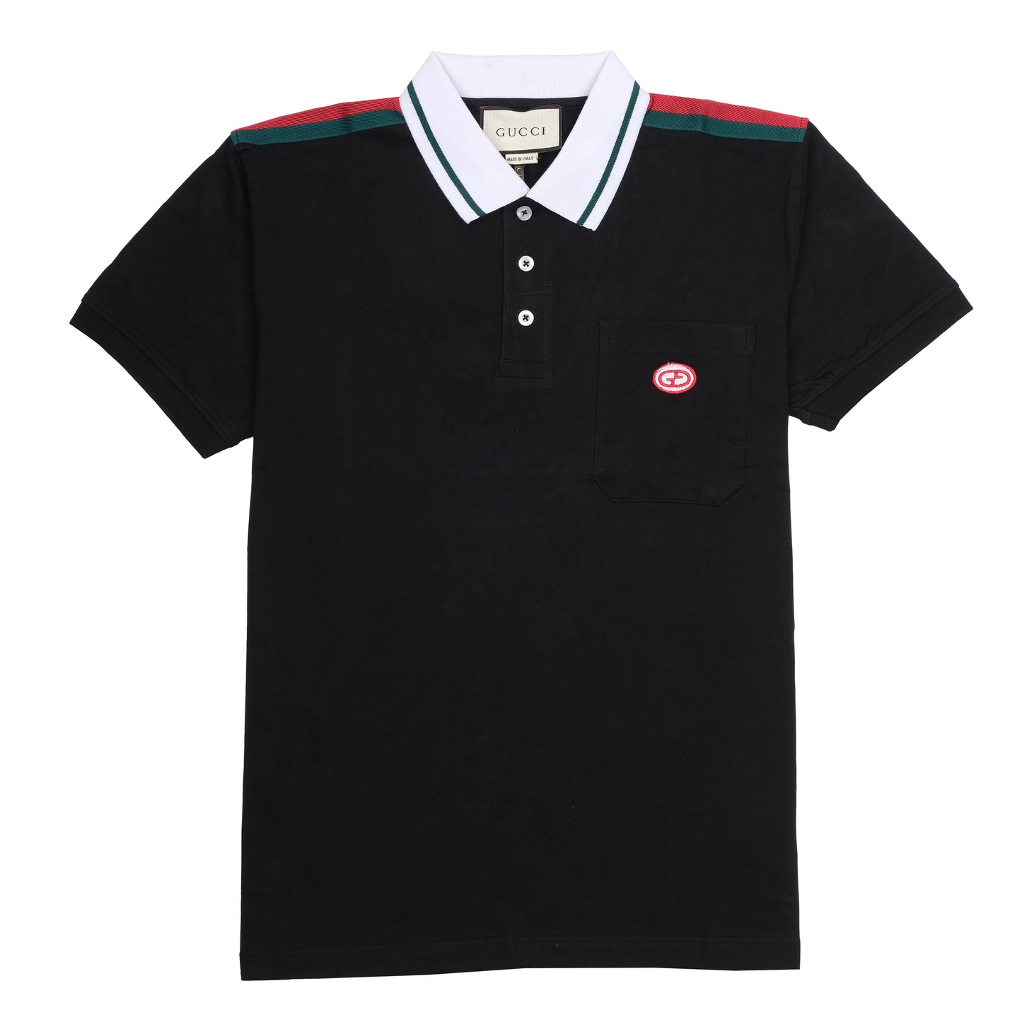 GUCCI Black Cotton Polo Shirt with Red and Green Stripes