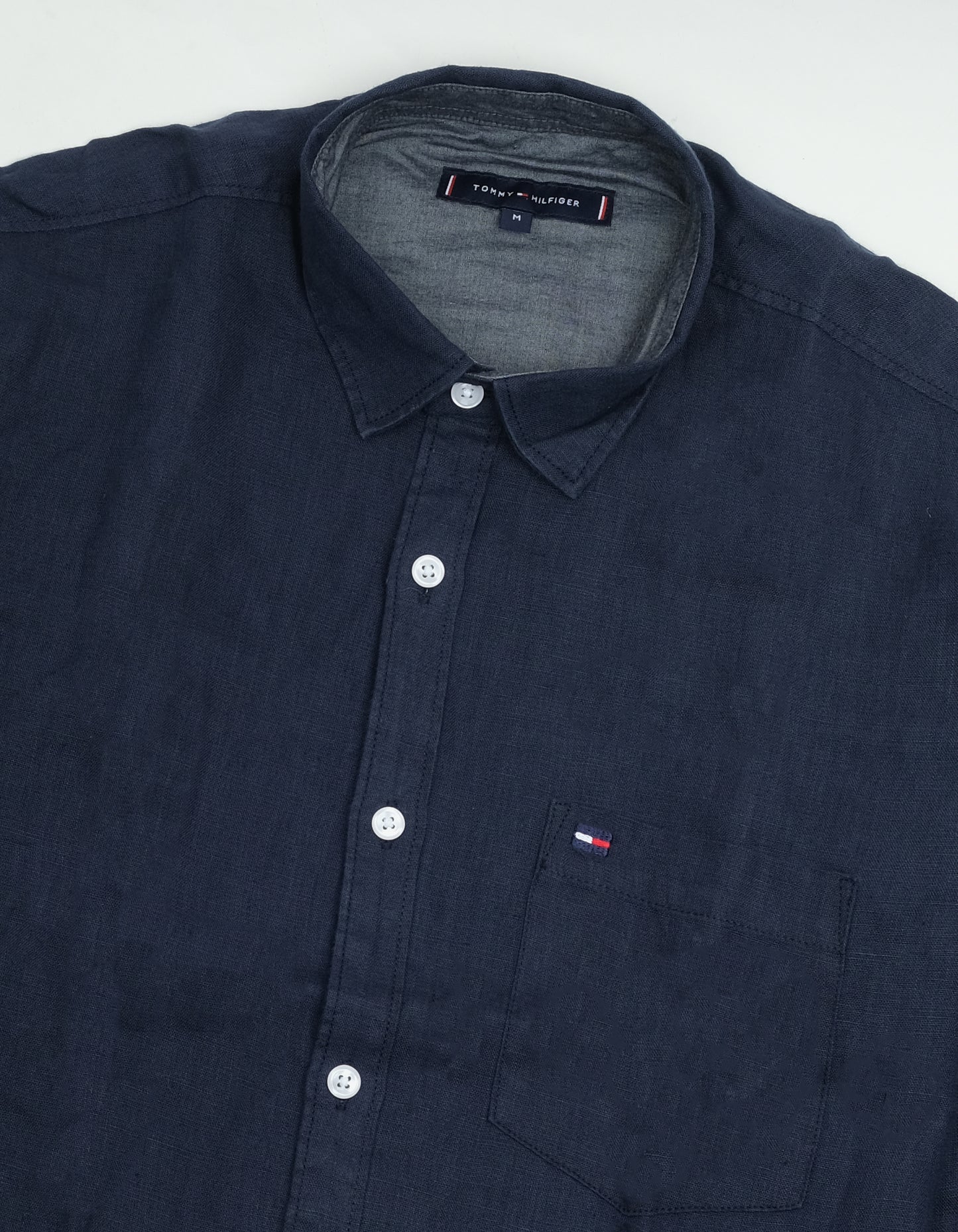 TOMMY HILFIGER Navy Blue Linen Classic Fit Long Sleeve Shirt