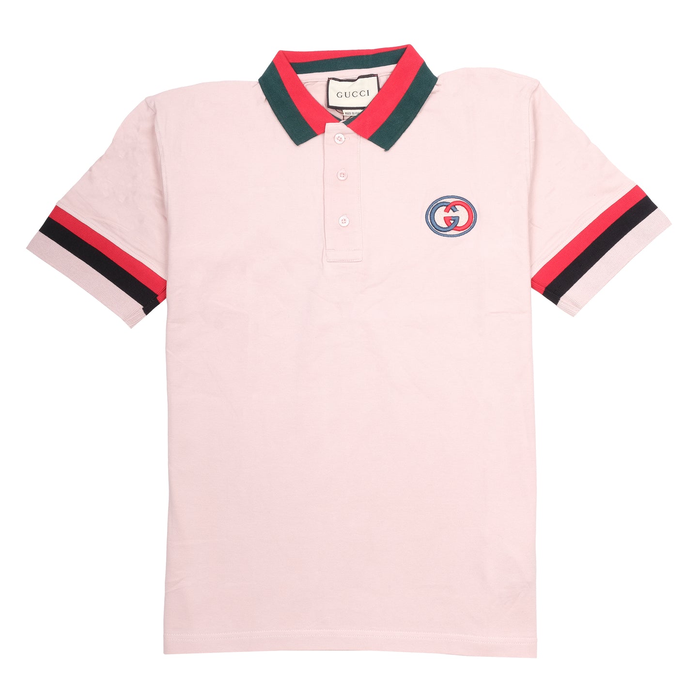 GUCCI Pink Cotton Polo Shirt with Red and Green Stripes