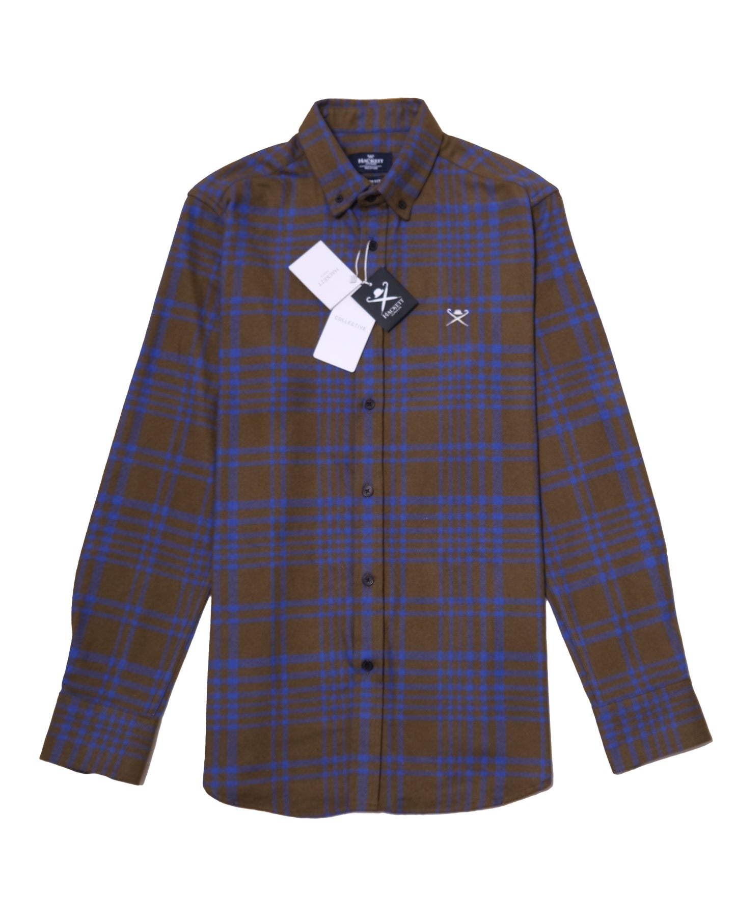 HACKETT LONDON Brown Blue Plaid Brushed Cotton Button-Down Shirt
