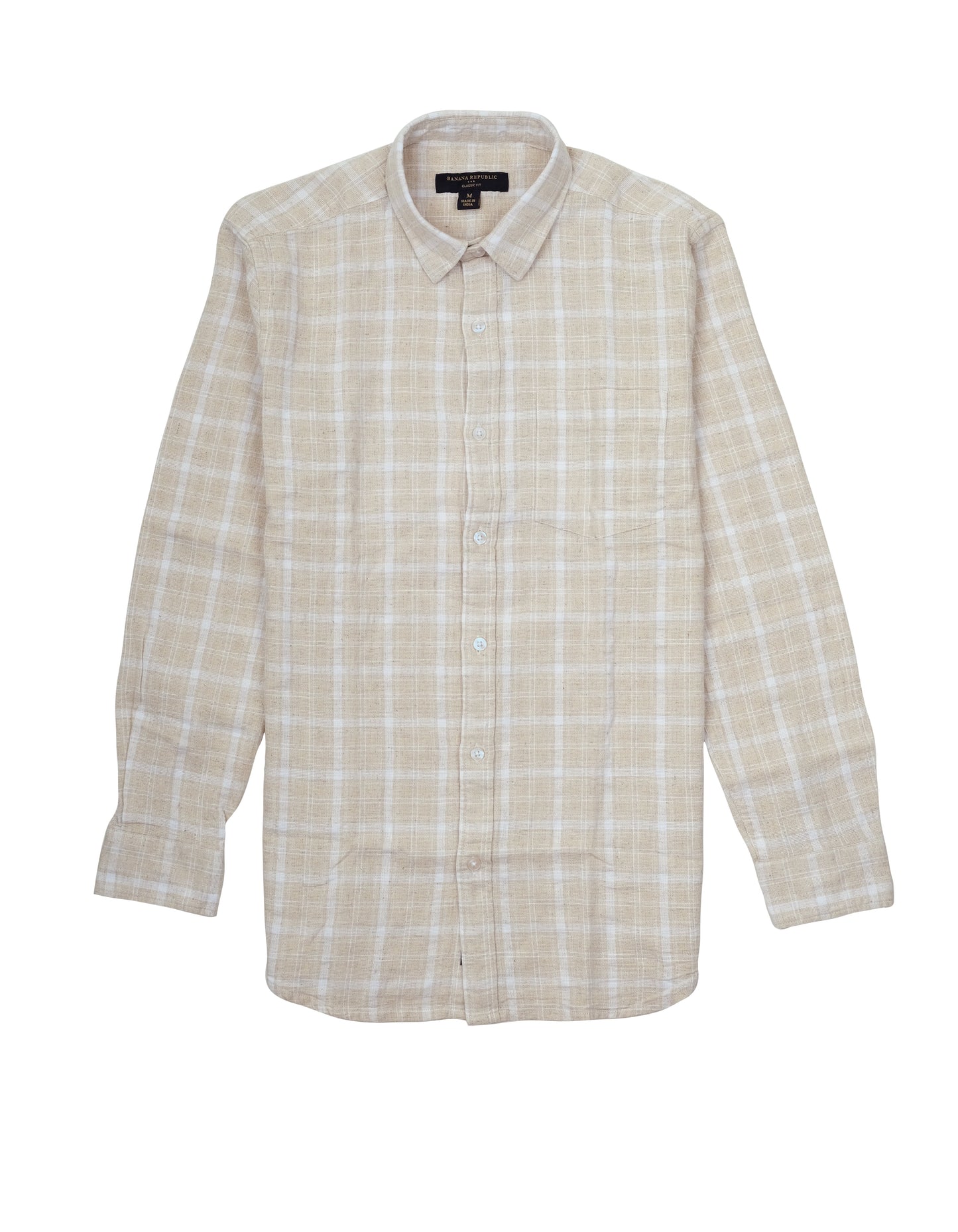 Banana Republic Beige Linen Blend Long Sleeve Plaid Button-Up Shirt