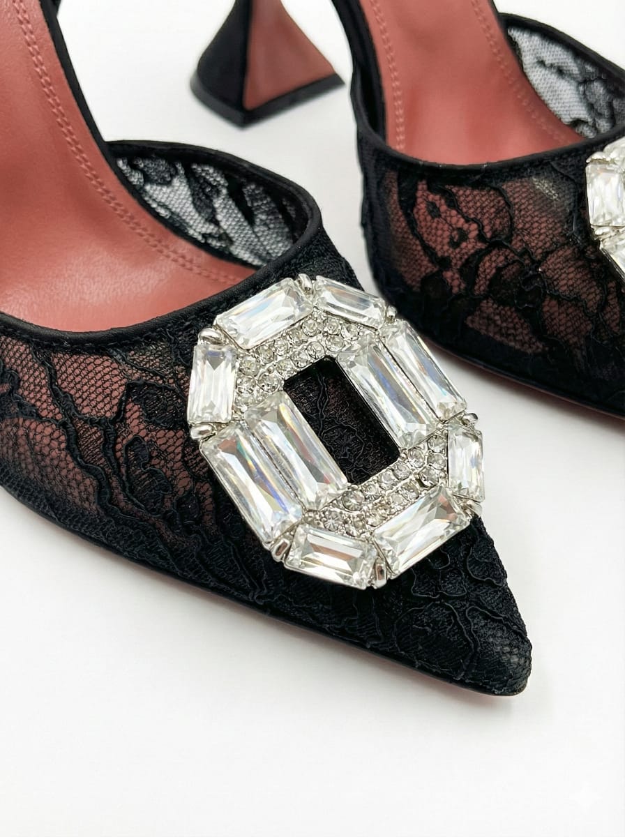 Amina Muaddi Lace Slingback Heels with Crystal Buckle