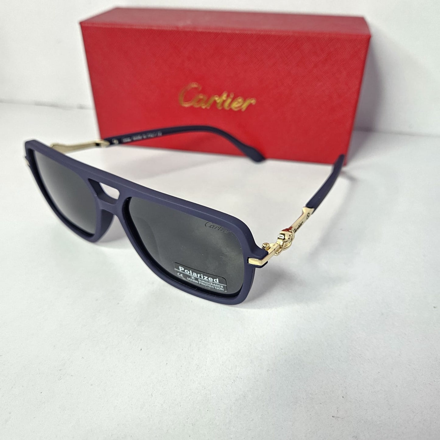 CARTIER Midnight Azure Luxe Fit Polarized Square Sunglasses with Opulent Gold Accents