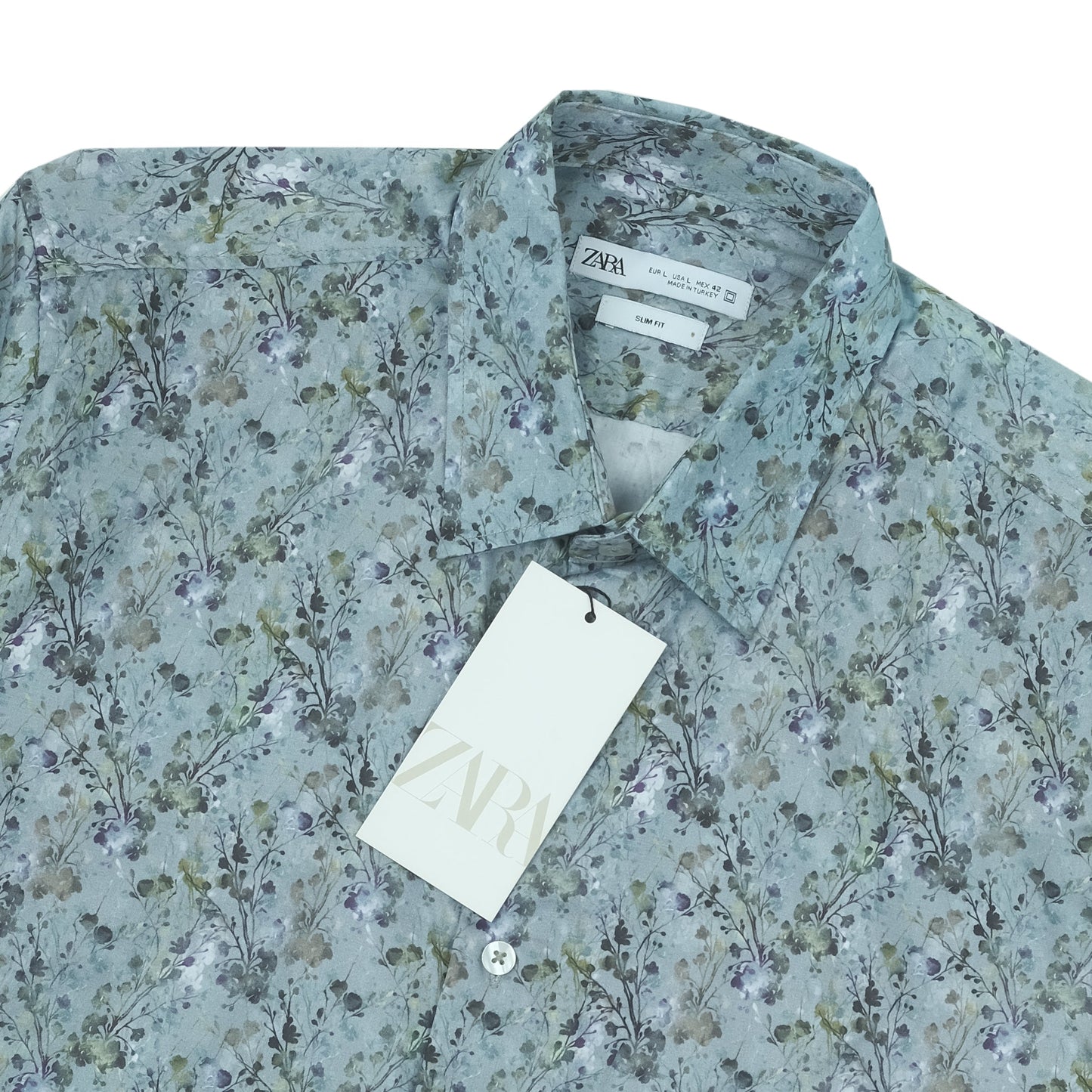 ZARA Sage Green Floral Print Short Sleeve Vacation Shirt