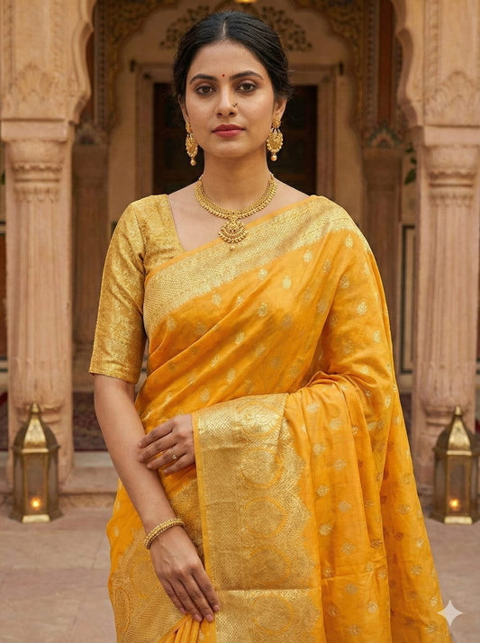 Ethnic Elegance Golden Yellow Silk Saree with Intricate Weave