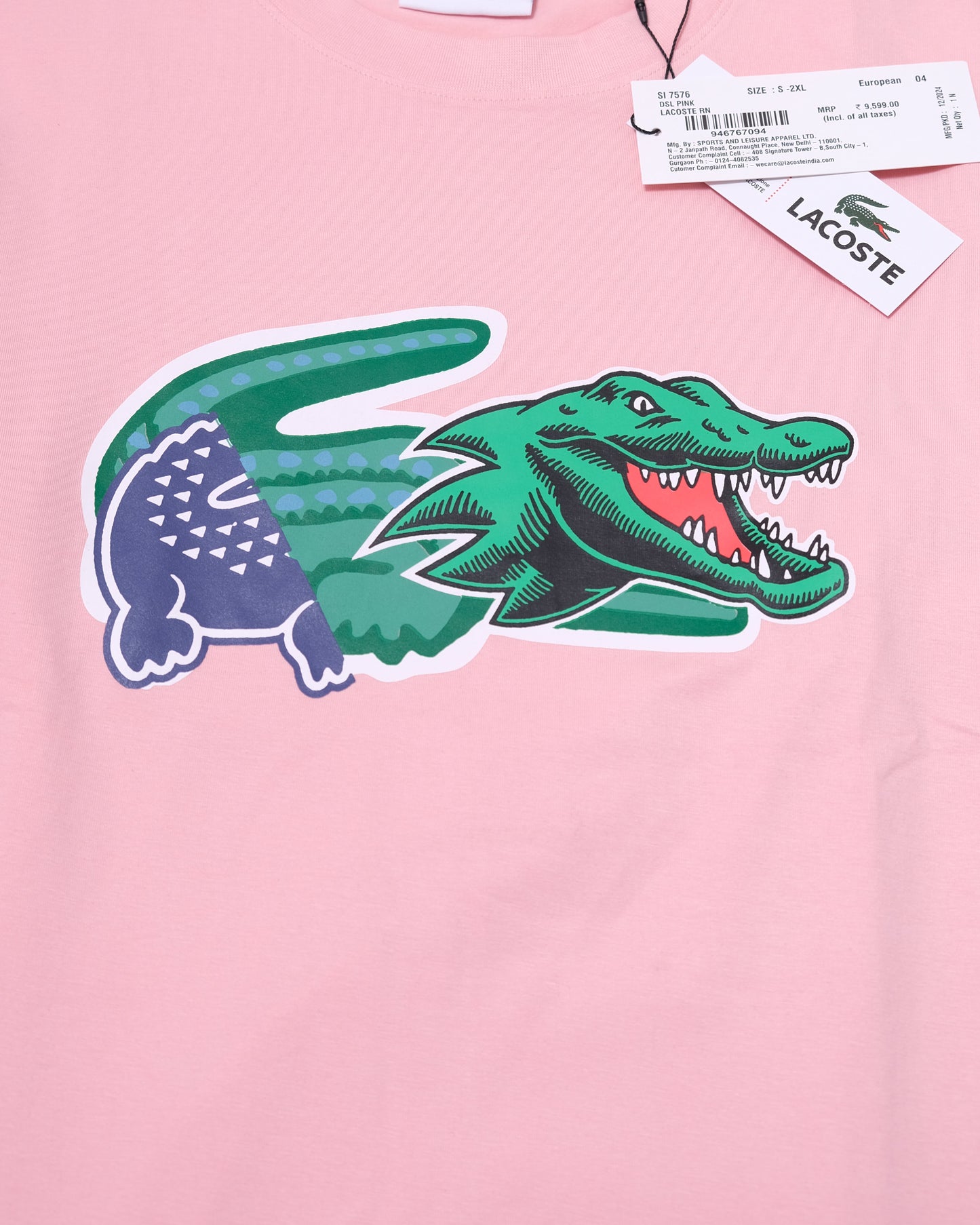 LACOSTE Pink Graphic Crocodile Logo Crew Neck T-shirt
