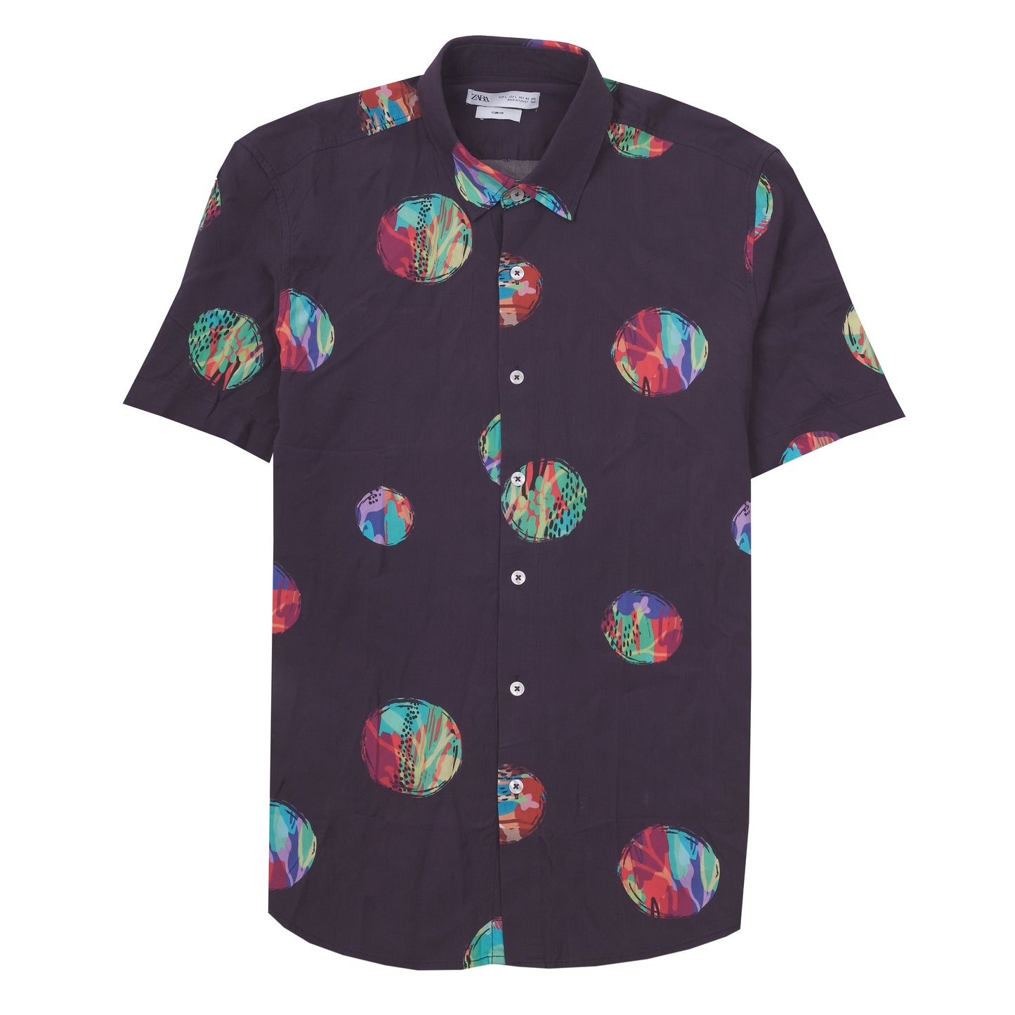 ZARA Enchanted Plum Abstract Multicolor Orb Print Short Sleeve Shirt