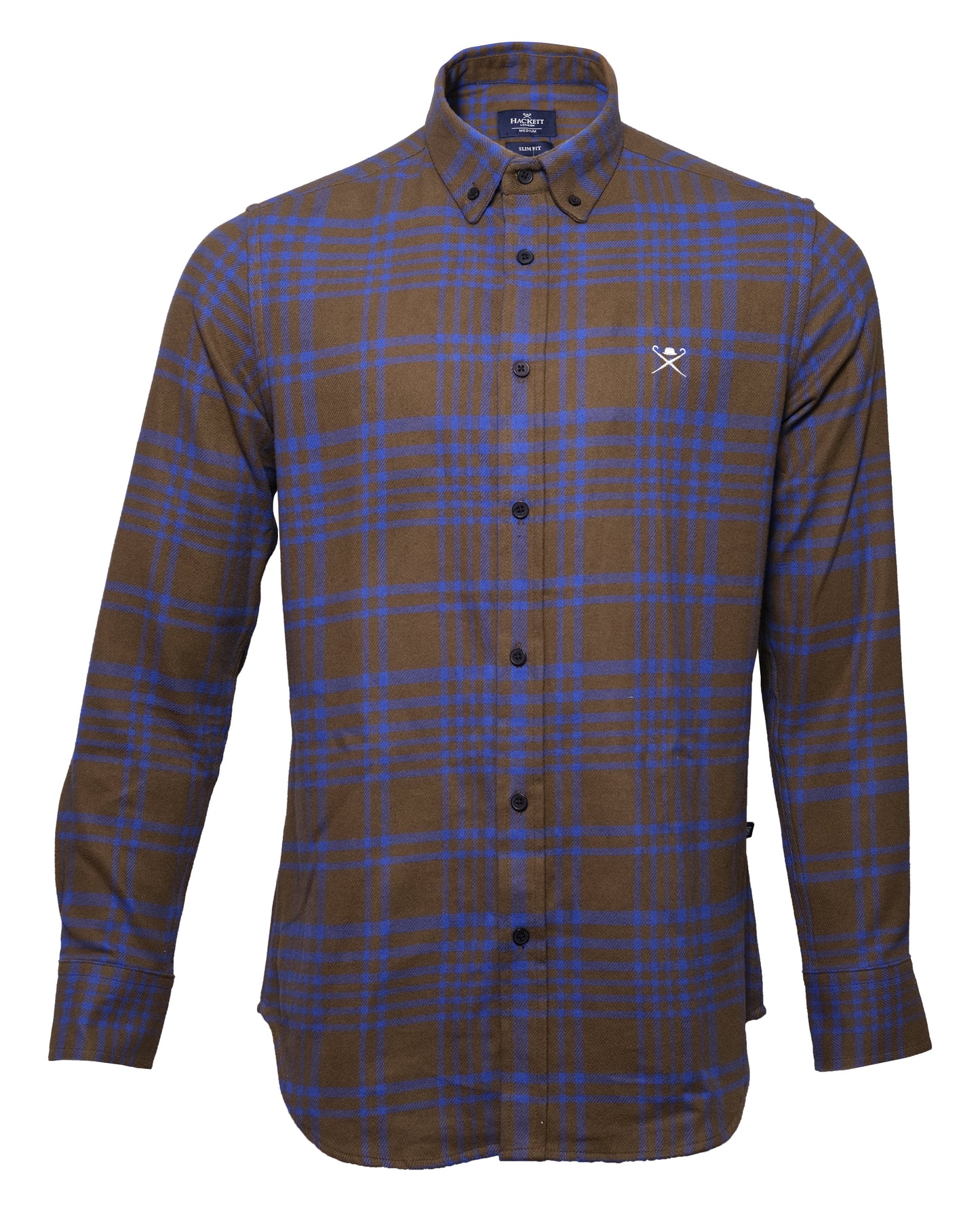 HACKETT LONDON Brown Blue Plaid Brushed Cotton Button-Down Shirt