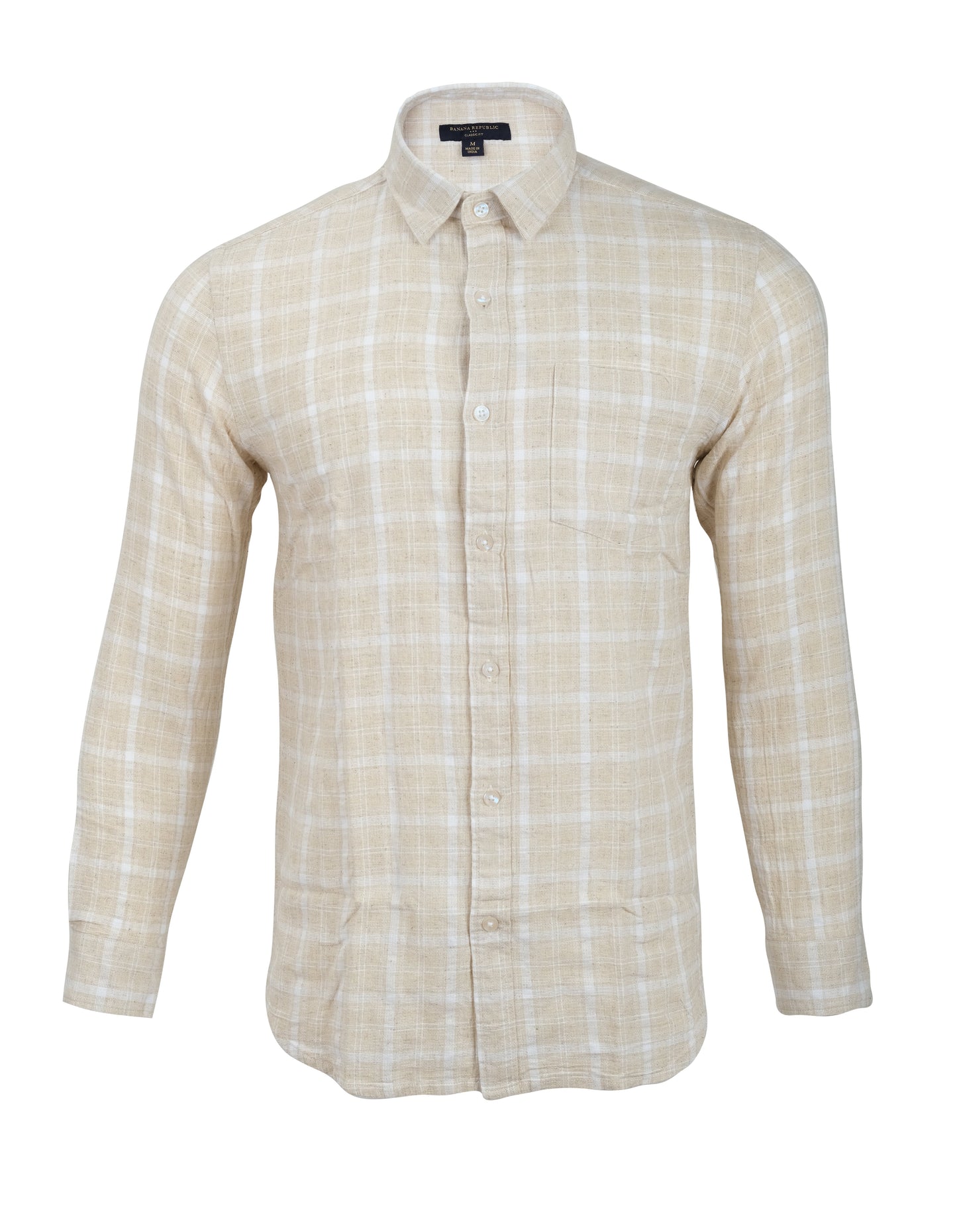 Banana Republic Beige Linen Blend Long Sleeve Plaid Button-Up Shirt