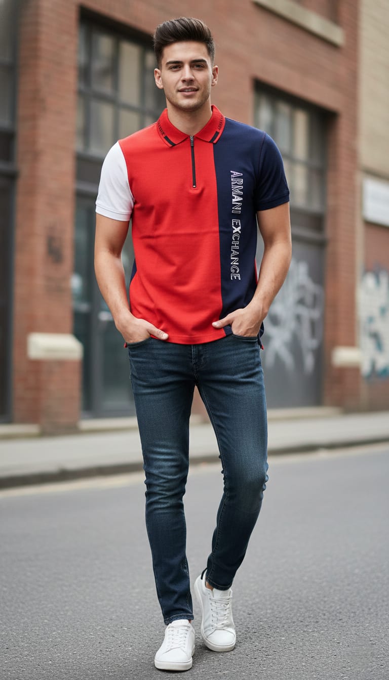 ARMANI EXCHANGE Electric Crimson Tailored Fit Colorblock Piqué Polo Shirt