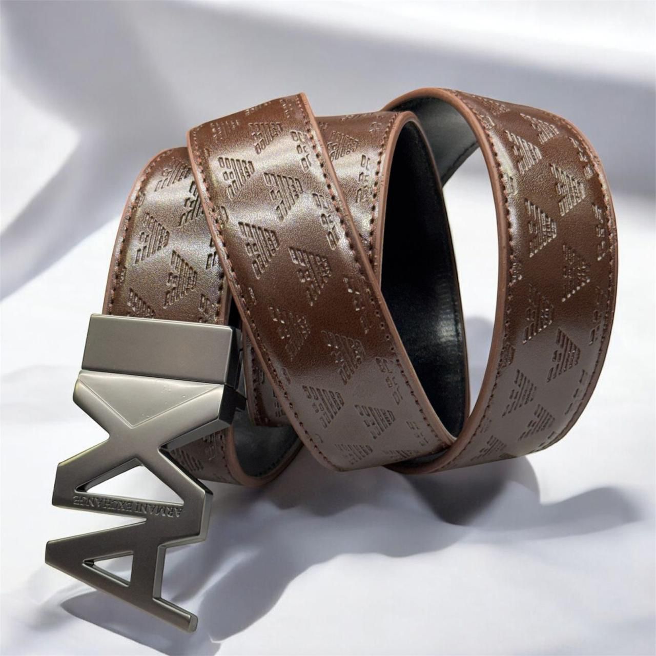 Armani Exchange Monogrammed Brown Leather Belt