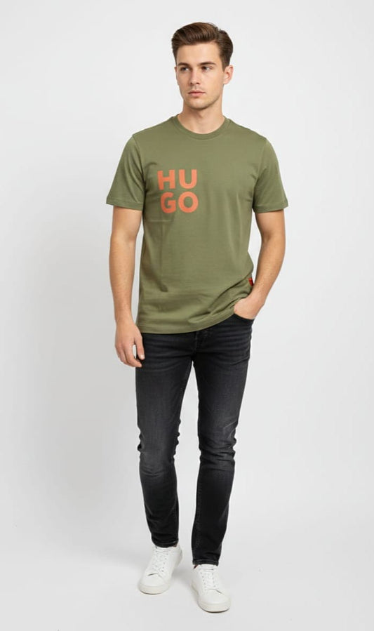 HUGO BOSS Graphic Back Drop Shoulder T-Shirt in Olive Green
