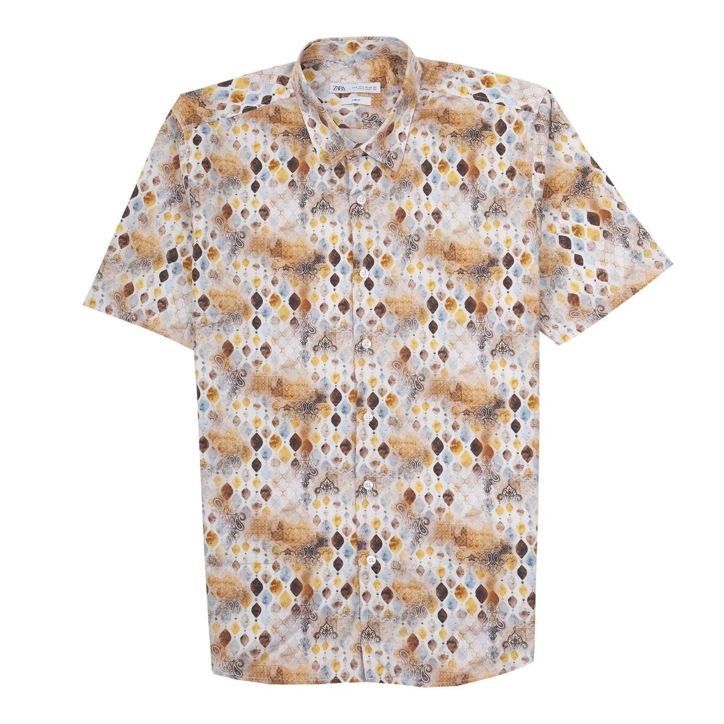 ZARA Brown Geometric Diamond Print Short Sleeve Shirt