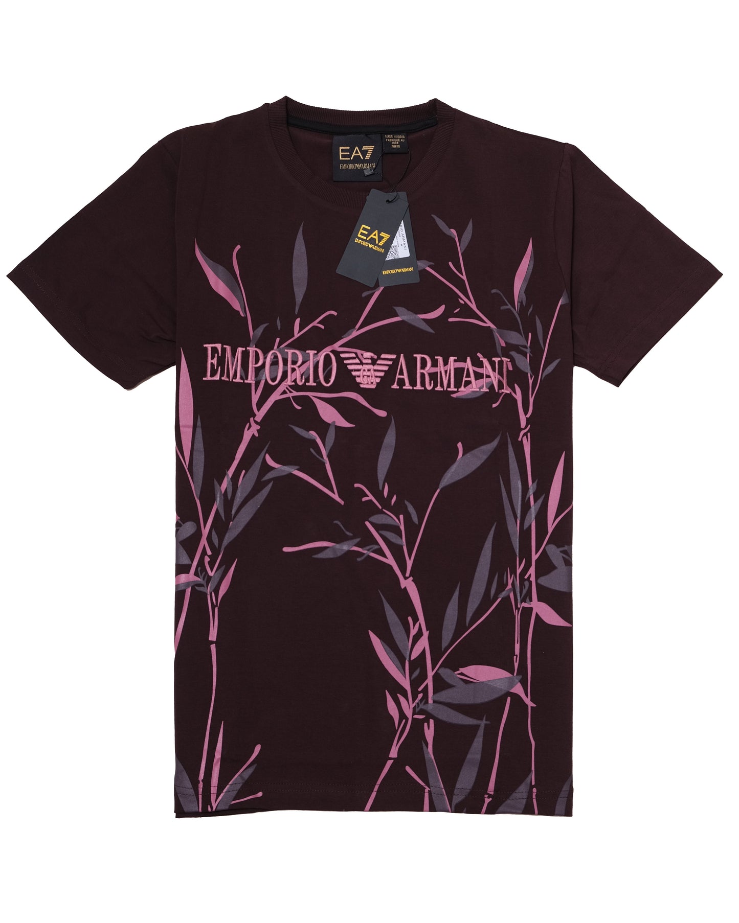 EMPORIO ARMANI EA7 Burgundy Pink Leaf Print Graphic T-shirt