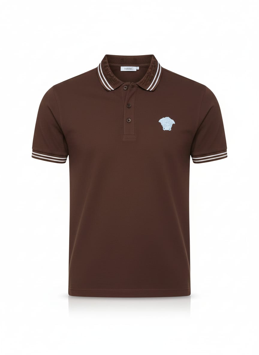 VERSACE Embered Chestnut Tailored Fit Short Sleeve Piqué Polo Shirt