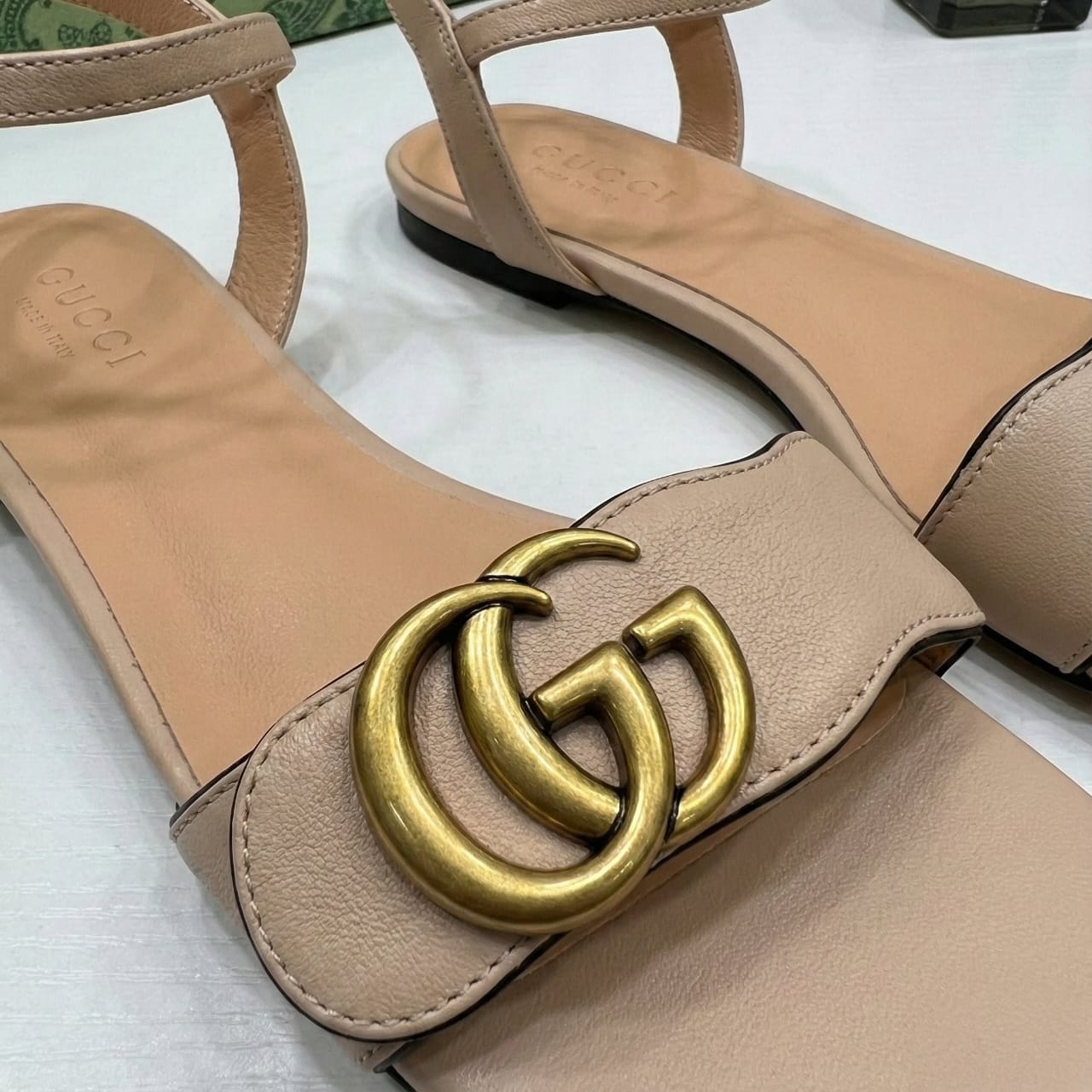Gucci GG Logo Leather Flat Sandals