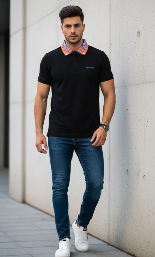 VERSACE Celestial Onyx Tailored Fit Short Sleeve Piqué Polo Shirt