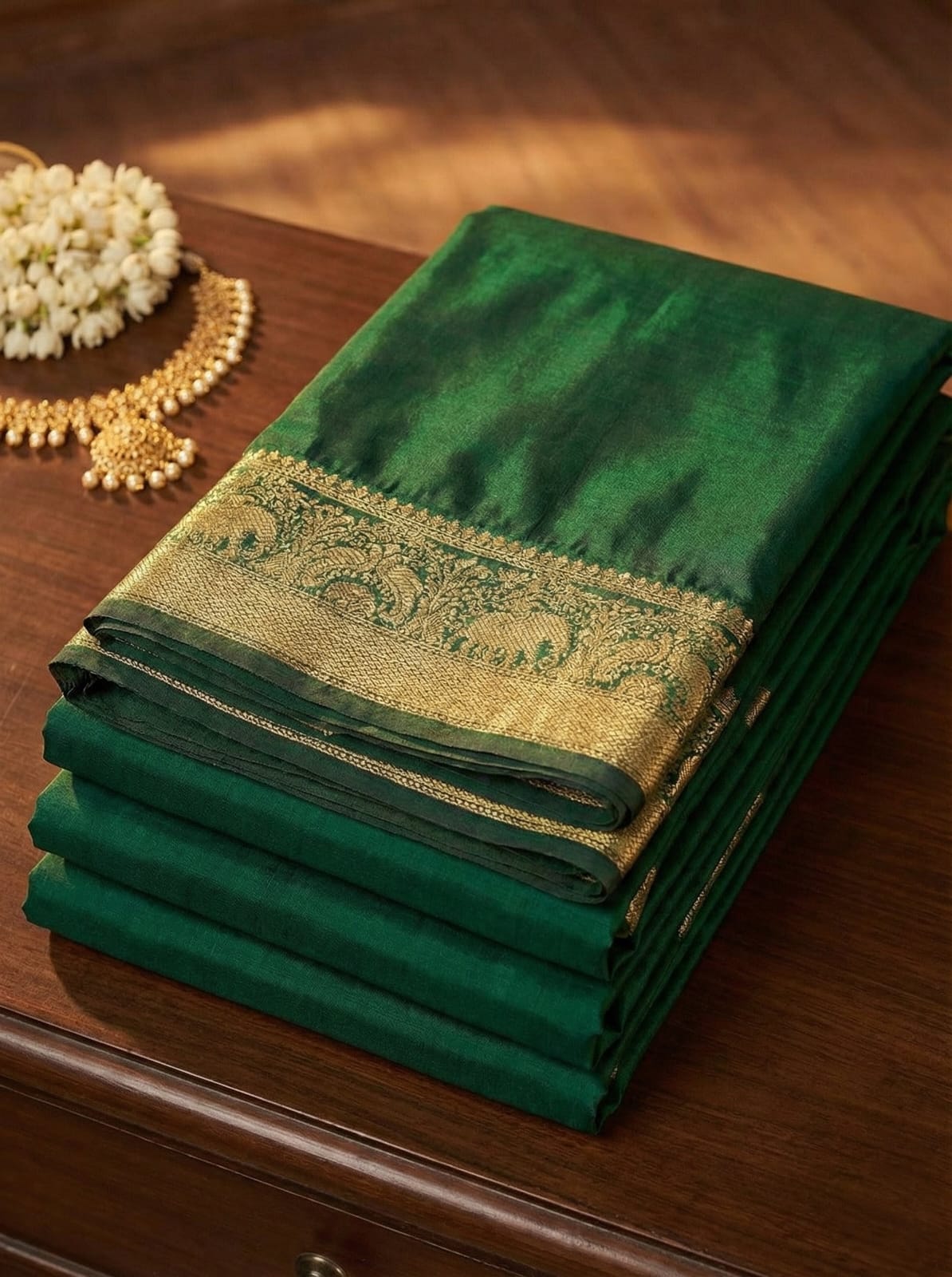 Elegant Weaves Emerald Green Silk Saree with Gold Zari Border