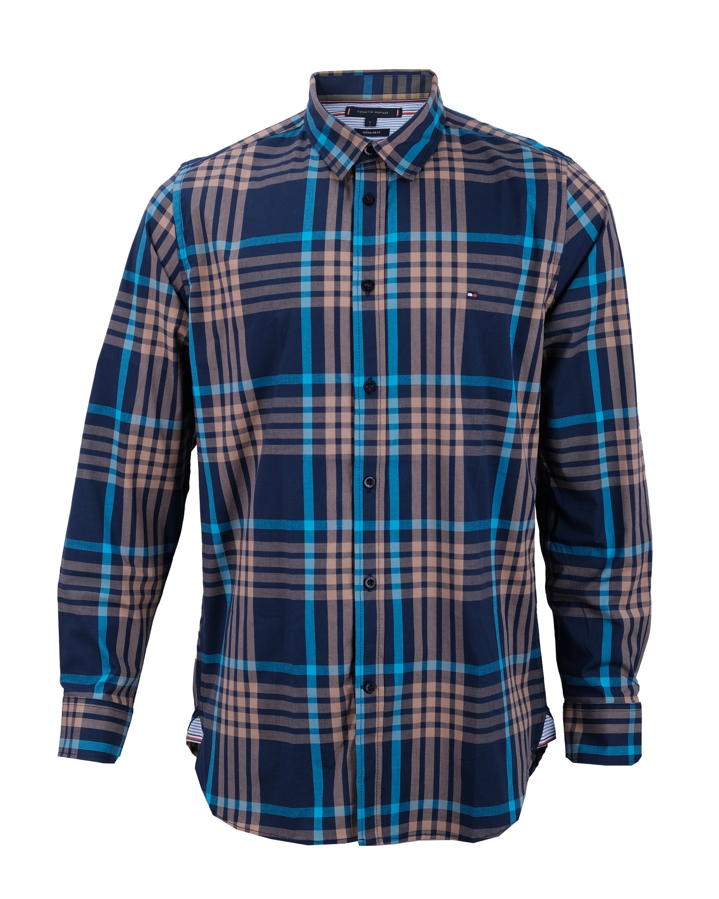 TOMMY HILFIGER Navy Beige Teal Plaid Essential Long Sleeve Shirt