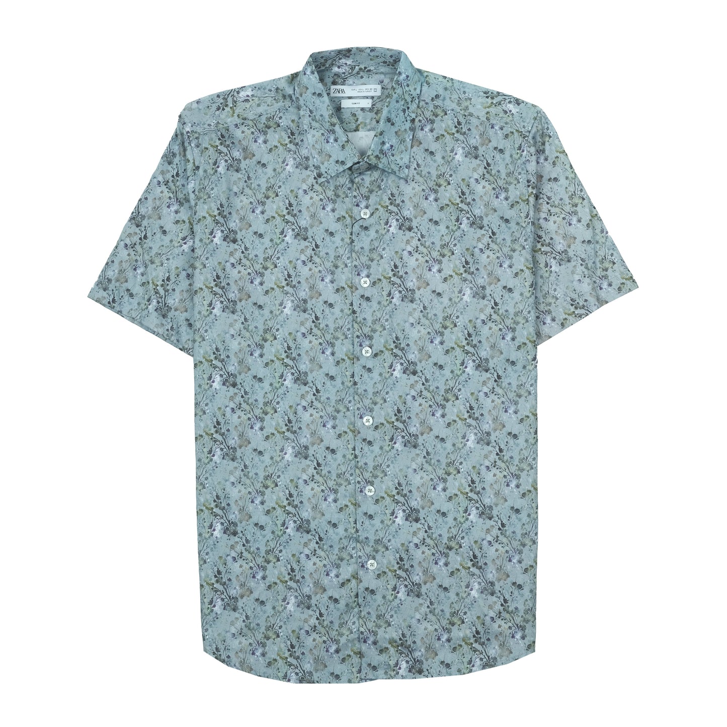 ZARA Tranquil Aqua Short Sleeve Floral Vacation Shirt