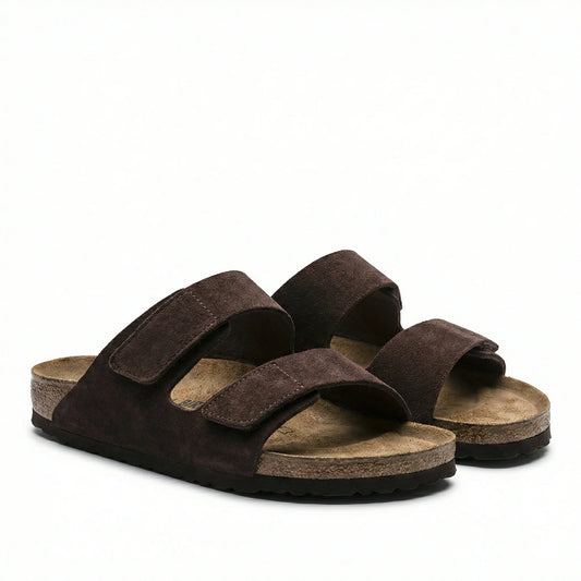 BIRKENSTOCK Rustic Truffle Suede Double Strap Slide Sandals