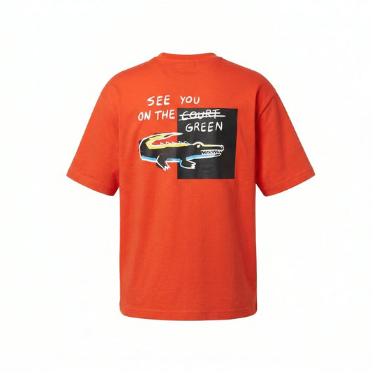 LACOSTE Radiant Tangerine Easy Fit Short Sleeve Cotton Graphic Tee