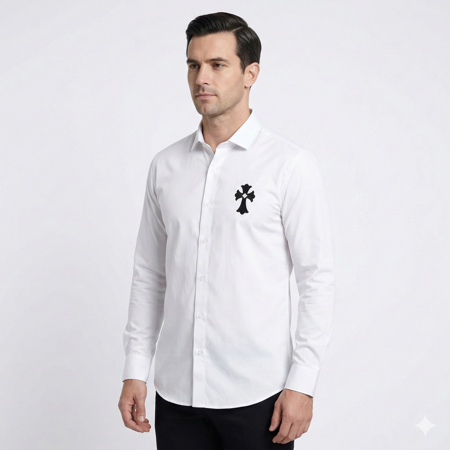 CHROME HEARTS Celestial Pearl Tailored Fit Long Sleeve Satin Lycra Party Shirt