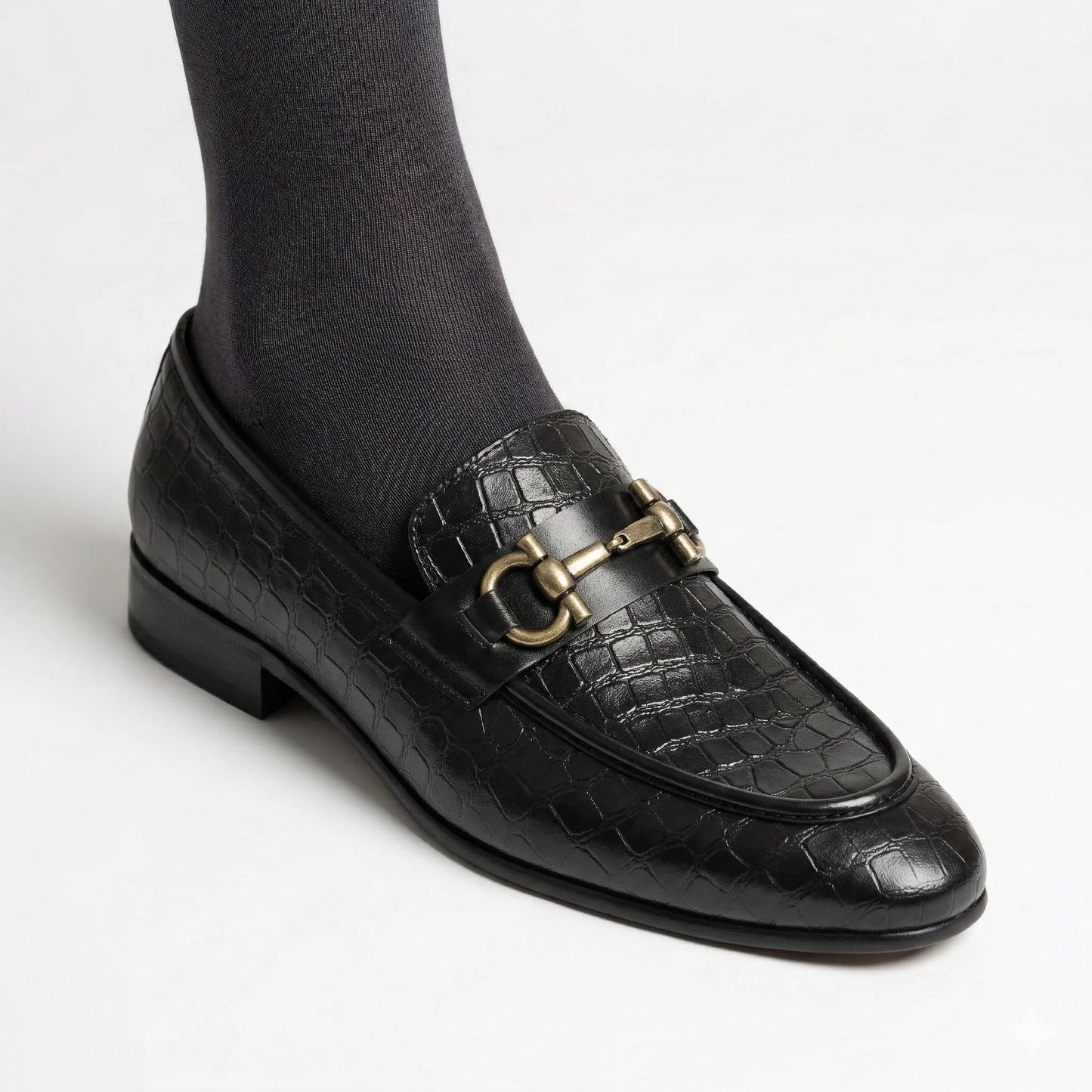 ROSSO BRUNELLO Obsidian Mirage Luxe Crocodile-Embossed Leather Loafers with Lavish Details