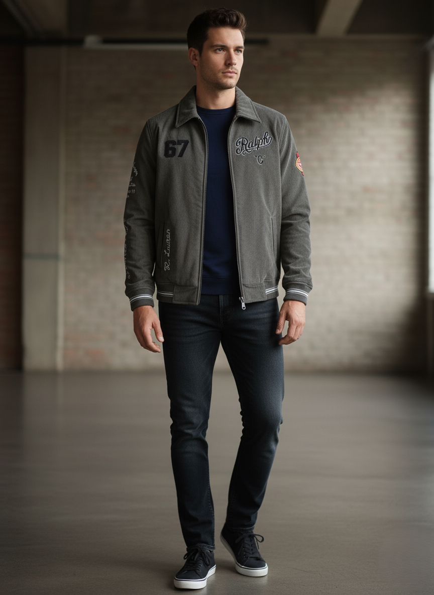 POLO RALPH LAUREN Stormy Slate Slim Fit Embroidered Varsity Jacket