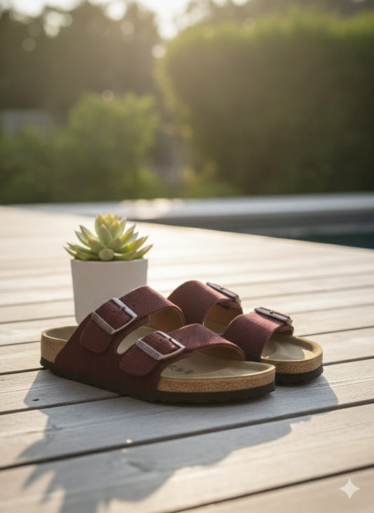 BIRKENSTOCK Rustic Garnet Classic Duo-Buckle Leather Sandals