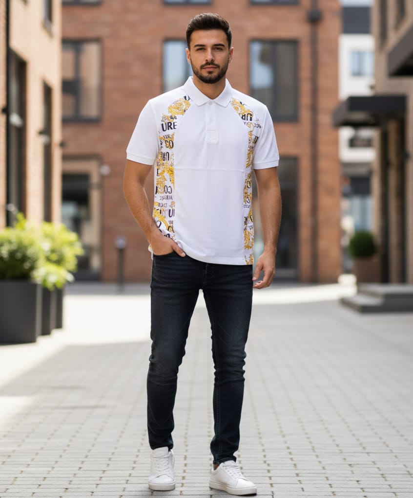 VERSACE JEANS COUTURE Celestial Pearl Luxe Fit Short Sleeve Piqué Polo Shirt