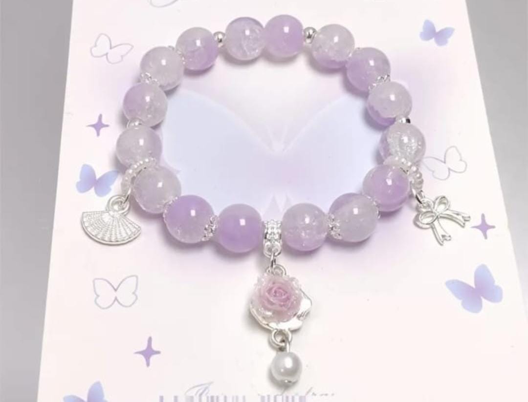 Elegant Adornments Lavender Charm Bracelet with Rose and Pearl