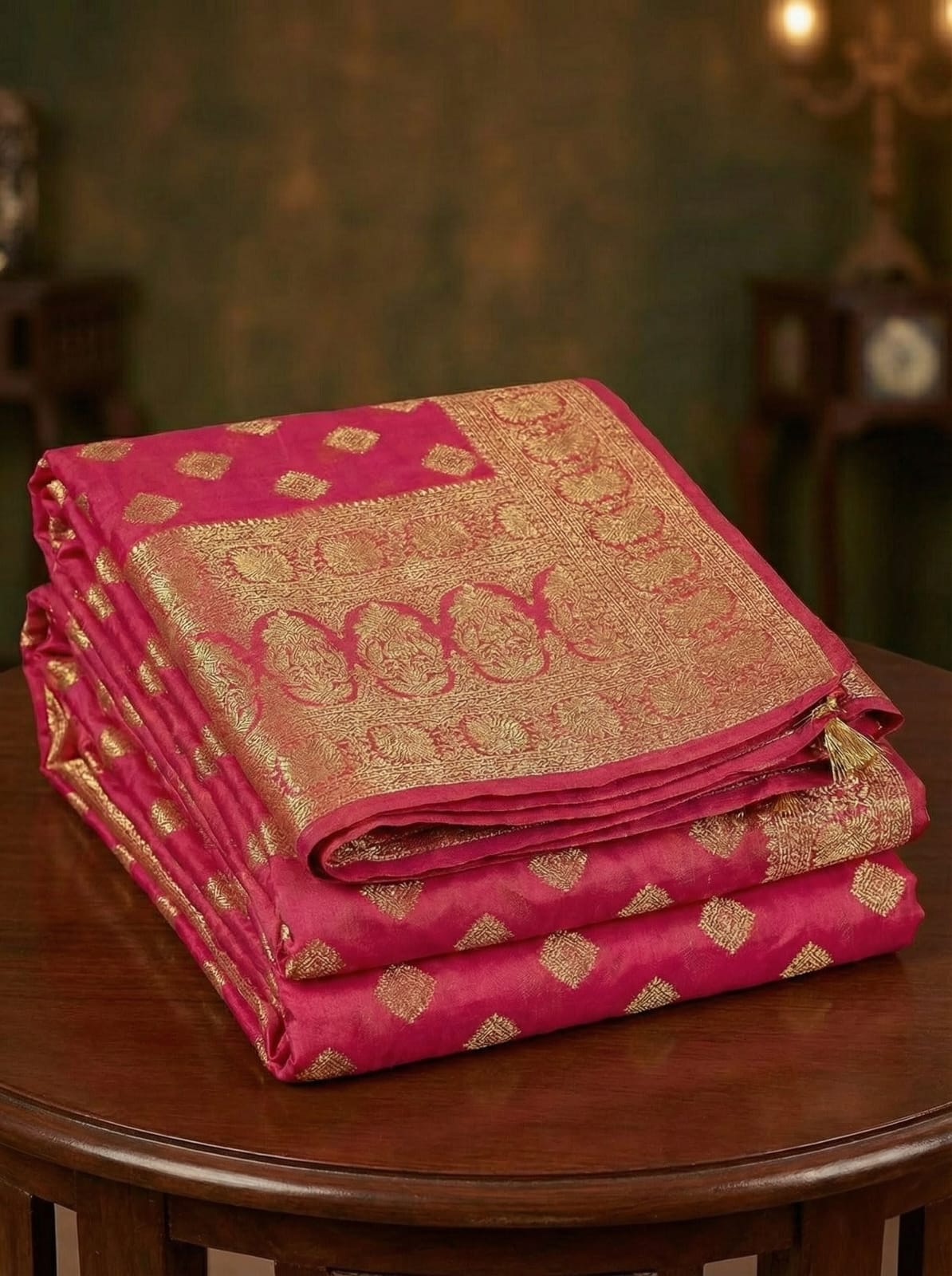 Elegant Weaves Pink Silk Saree with Golden Zari Work