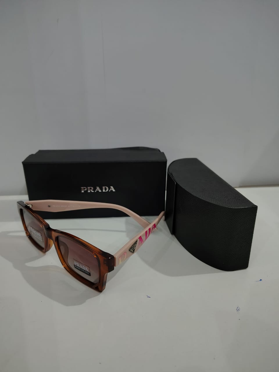 PRADA Oversized Brown Tortoiseshell Sunglasses with Pink Accents