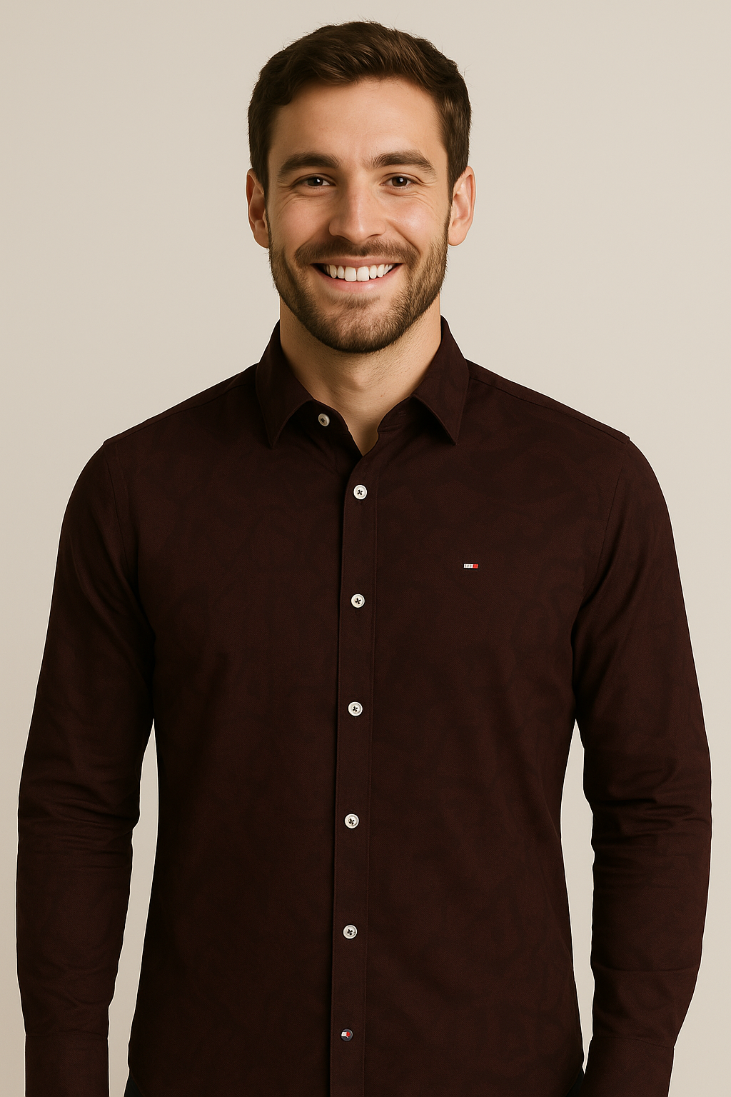 TOMMY HILFIGER Burgundy Wine Modern Fit Patterned Long Sleeve Shirt