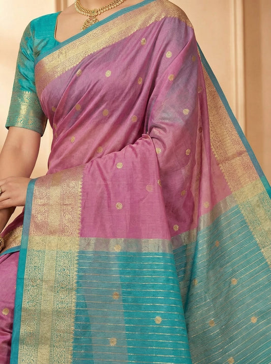 Elegant Weaves Ethereal Pink and Teal Silk Saree with Gold Accents