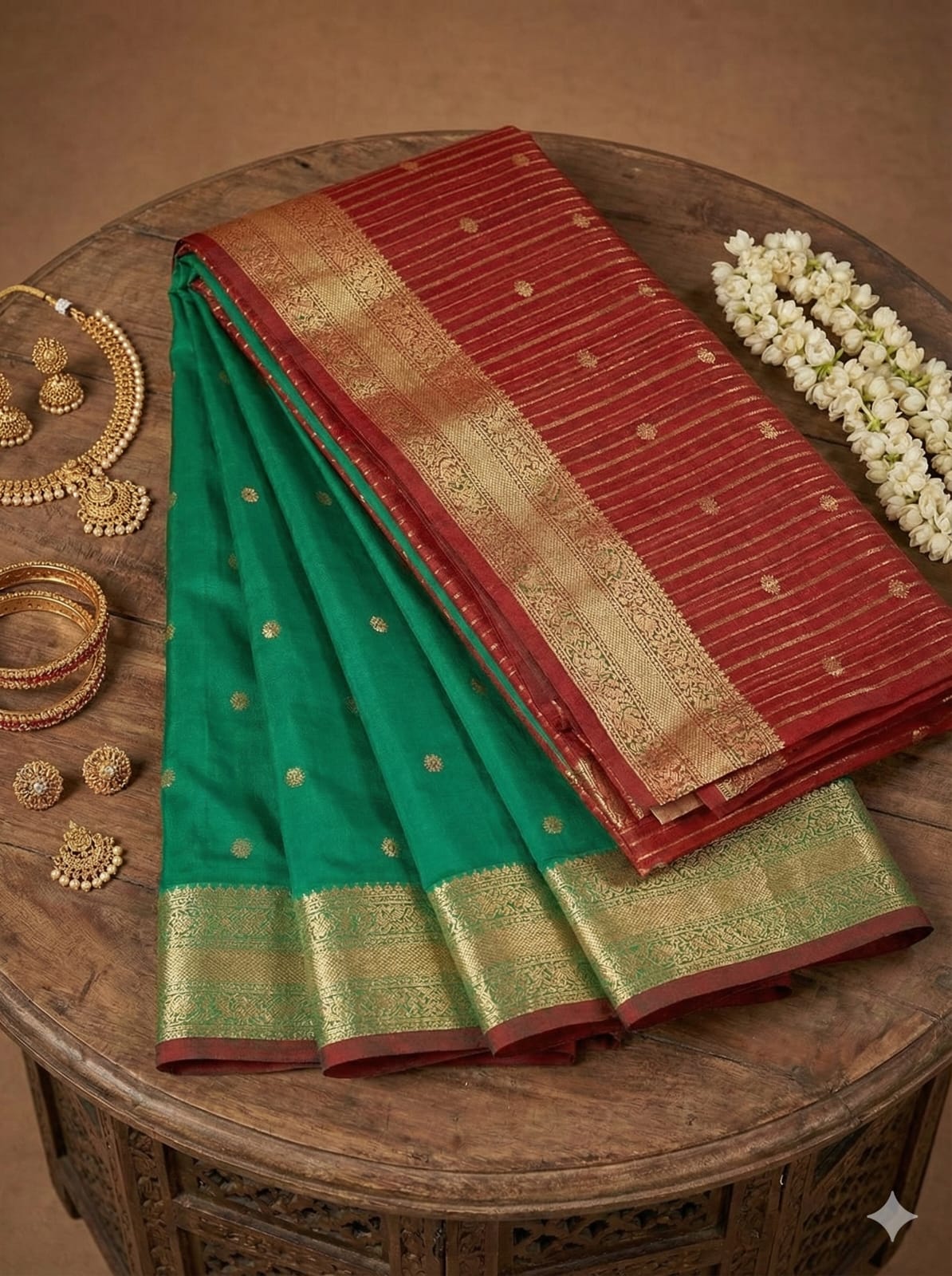 Elegant Weaves Traditional Green and Red Silk Saree with Gold Accents