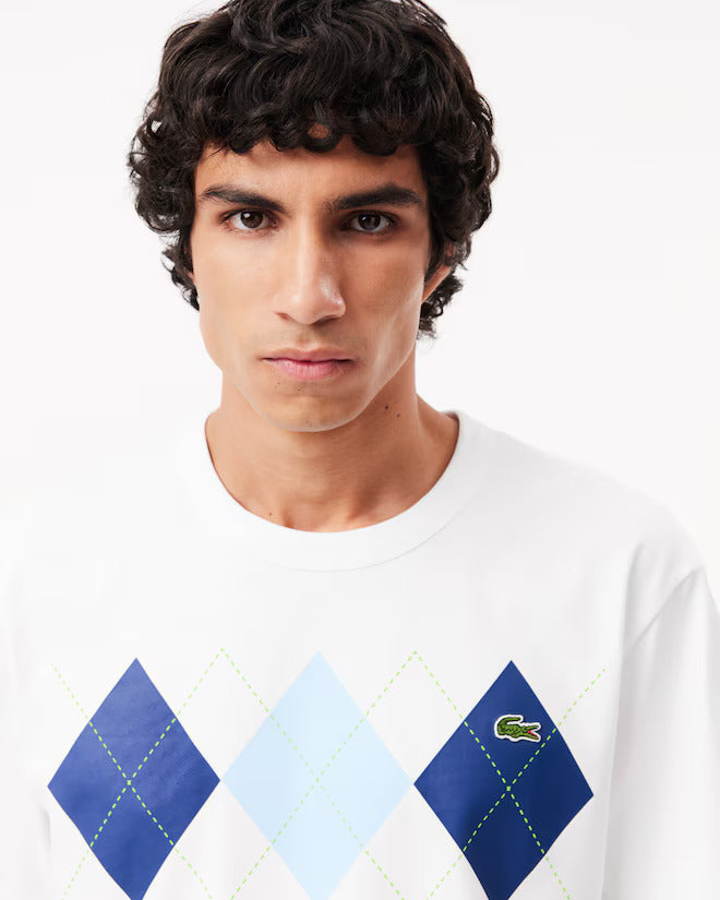 LACOSTE Cloud White Argyle Graphic Short Sleeve Tee