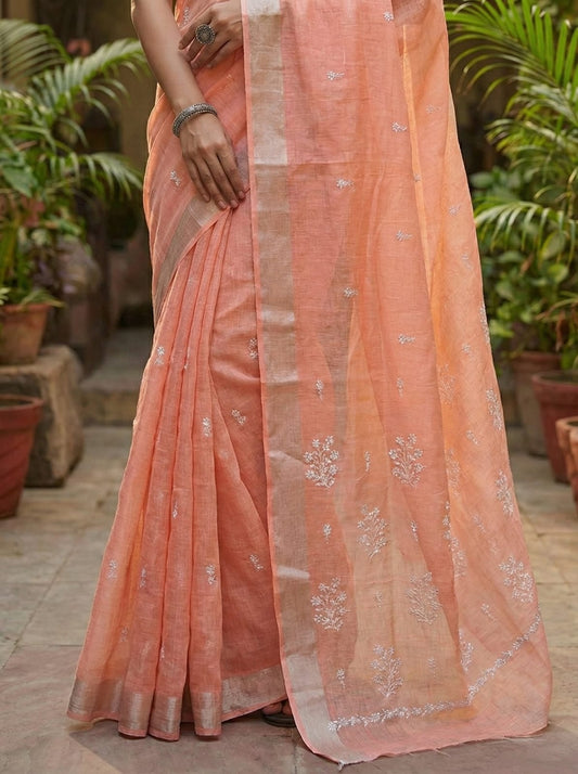 Ethnic Elegance Handcrafted Peach Chiffon Saree with Floral Embroidery