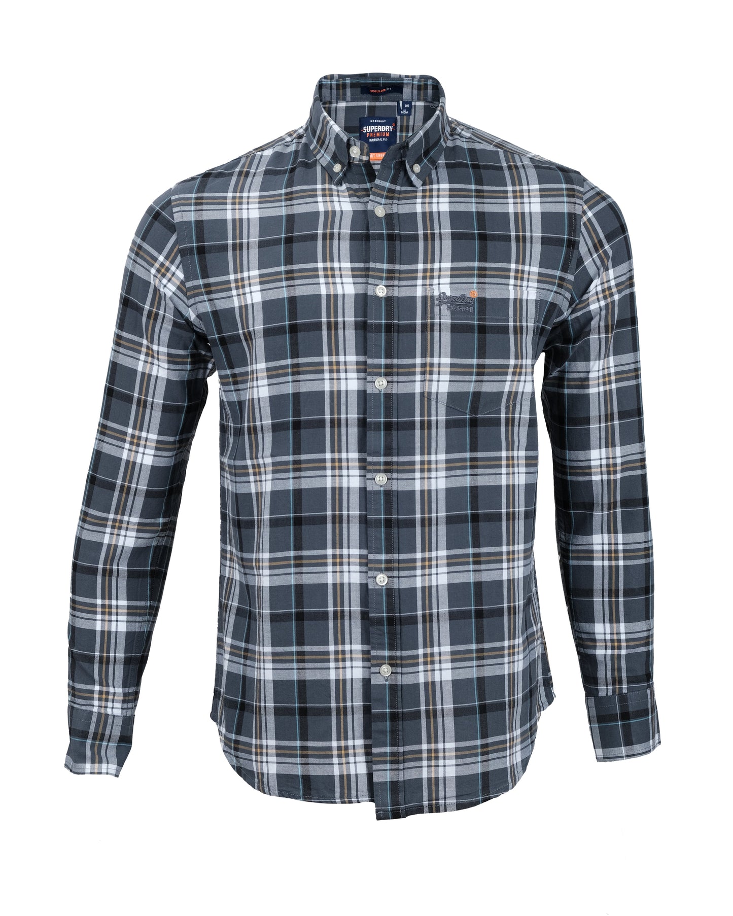 SUPERDRY Navy Grey Tartan Worker Long Sleeve Check Shirt
