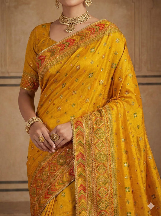 Ethnic Elegance Golden Embroidered Silk Saree