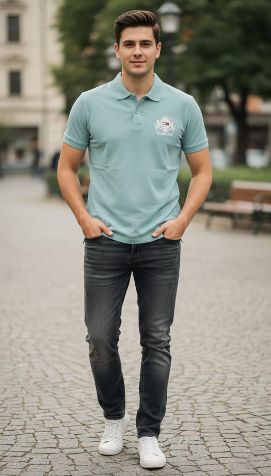 TOMMY HILFIGER Tranquil Teal Tailored Fit Short Sleeve Piqué Polo Shirt