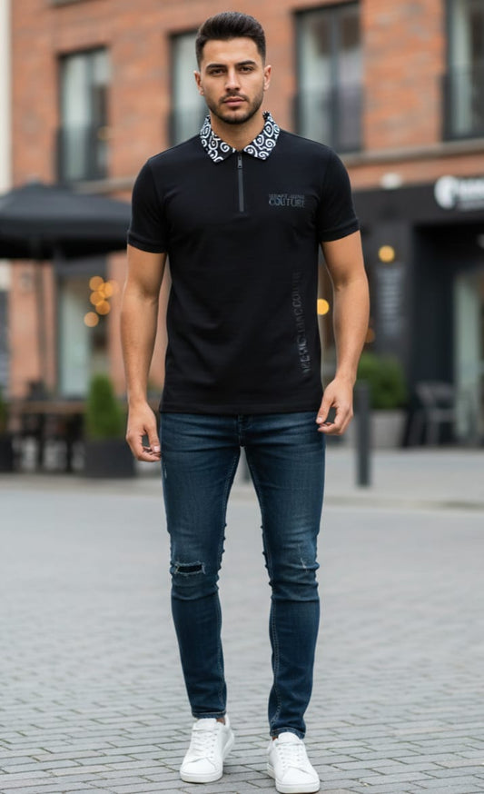VERSACE JEANS COUTURE Enigmatic Jet Tailored Fit Short Sleeve Zip Polo Shirt
