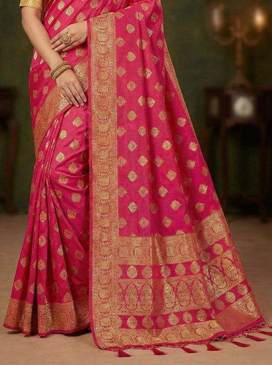 Elegant Weaves Pink Silk Saree with Golden Zari Work