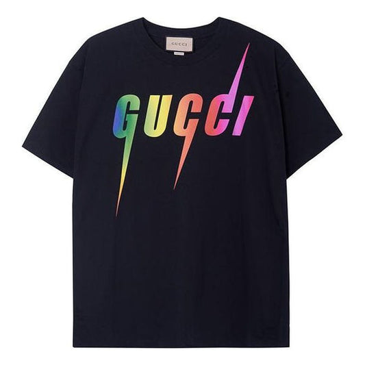 GUCCI Midnight Ink Oversized Short Sleeve Rainbow Lightning Logo Tee